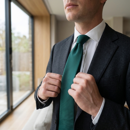 A man in a dark grey suit and white dress shirt adjusting a teal tie, standing near a window in a modern interior.