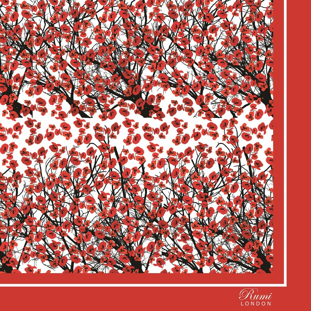 Silk scarf scattered poppies with black branches with red border.