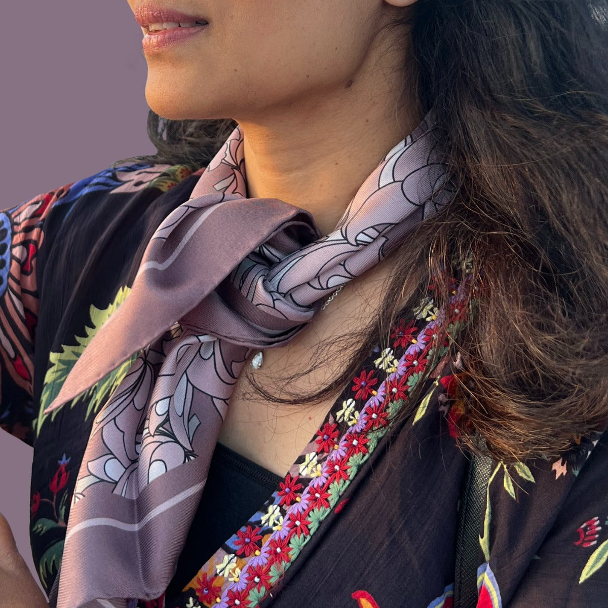 Floral Square Silk Twill Scarf - Pink image 0