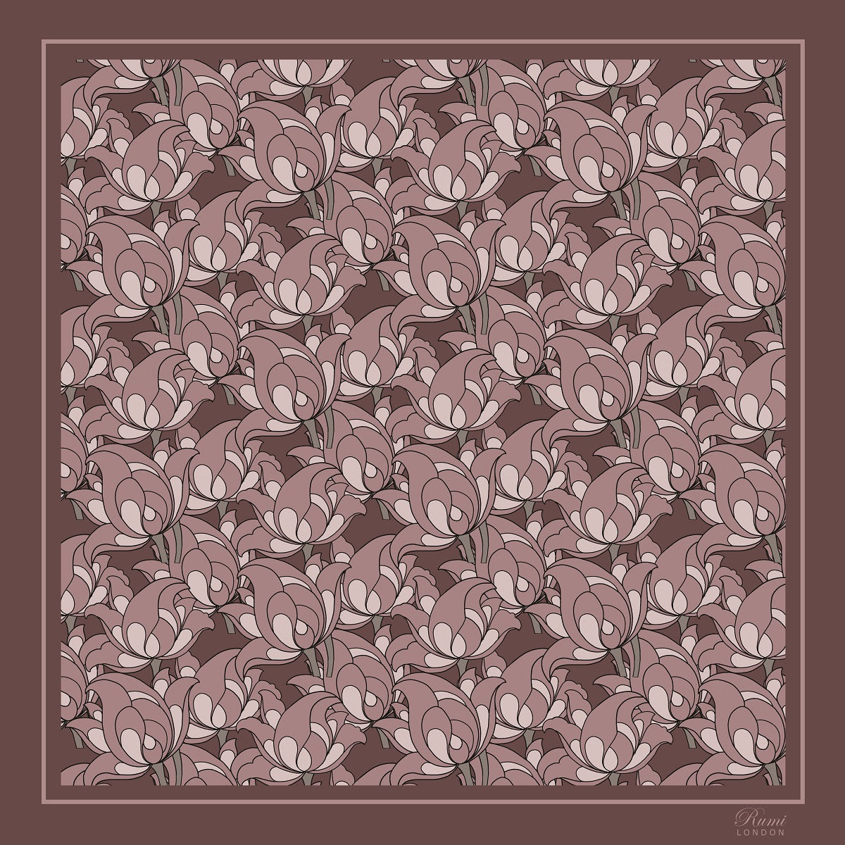 Square silk scarf with floral elements on a peach background and border.