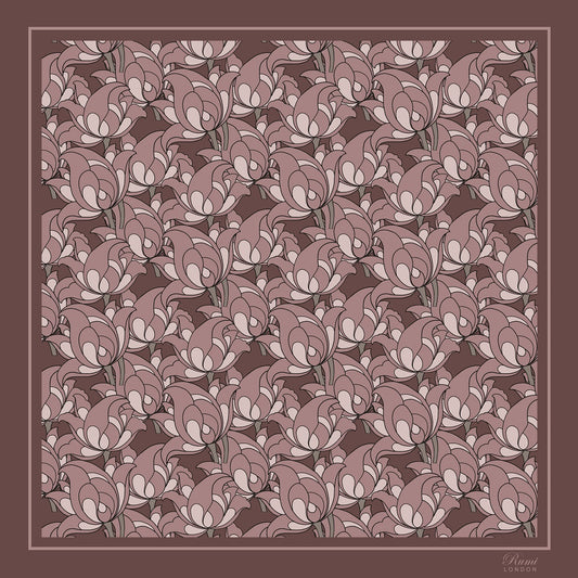 Square silk scarf with floral elements on a peach background and border.