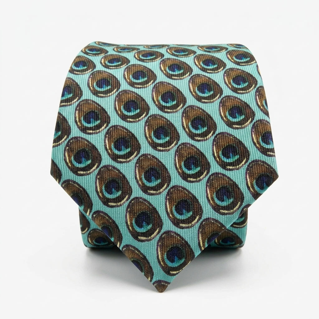 A folded necktie featuring a repeating peacock feather eye pattern in turquoise, brown, black and beige on a white background.