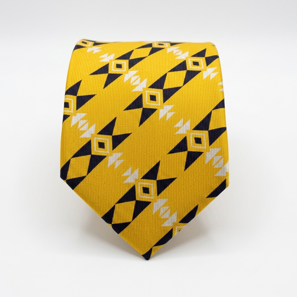 A yellow Rumi London necktie with a geometric pattern of purple and white diamonds, photographed on a clean white background.