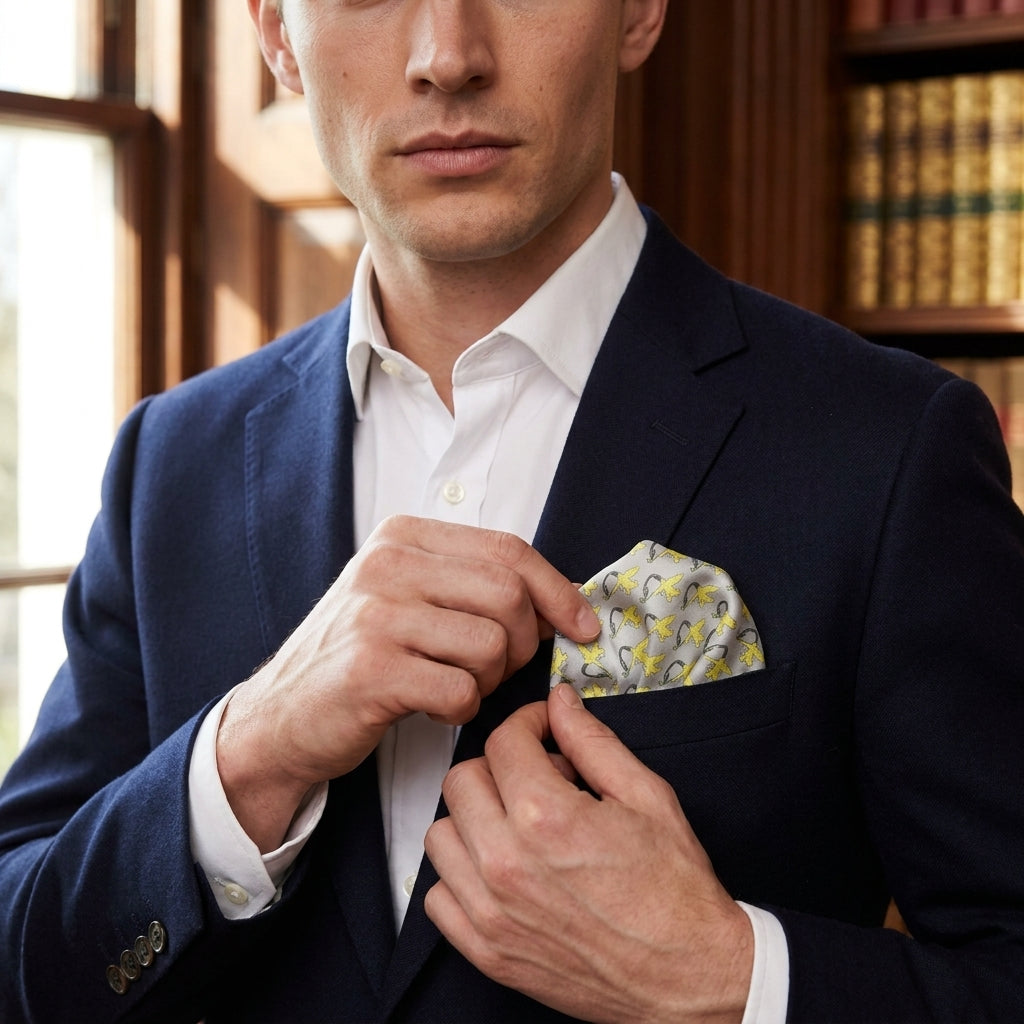 A man in a navy blue suit jacket and white dress shirt in a library setting, adjusts his pocket square, which features yellow daffodils on a grey base in repeat pattern. 