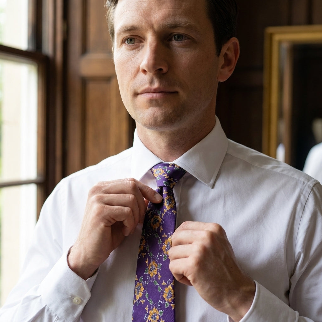 A man in a white dress shirt adjusting a purple necktie with a  orange floral pattern, set against a warm, dark wood-panelled background.