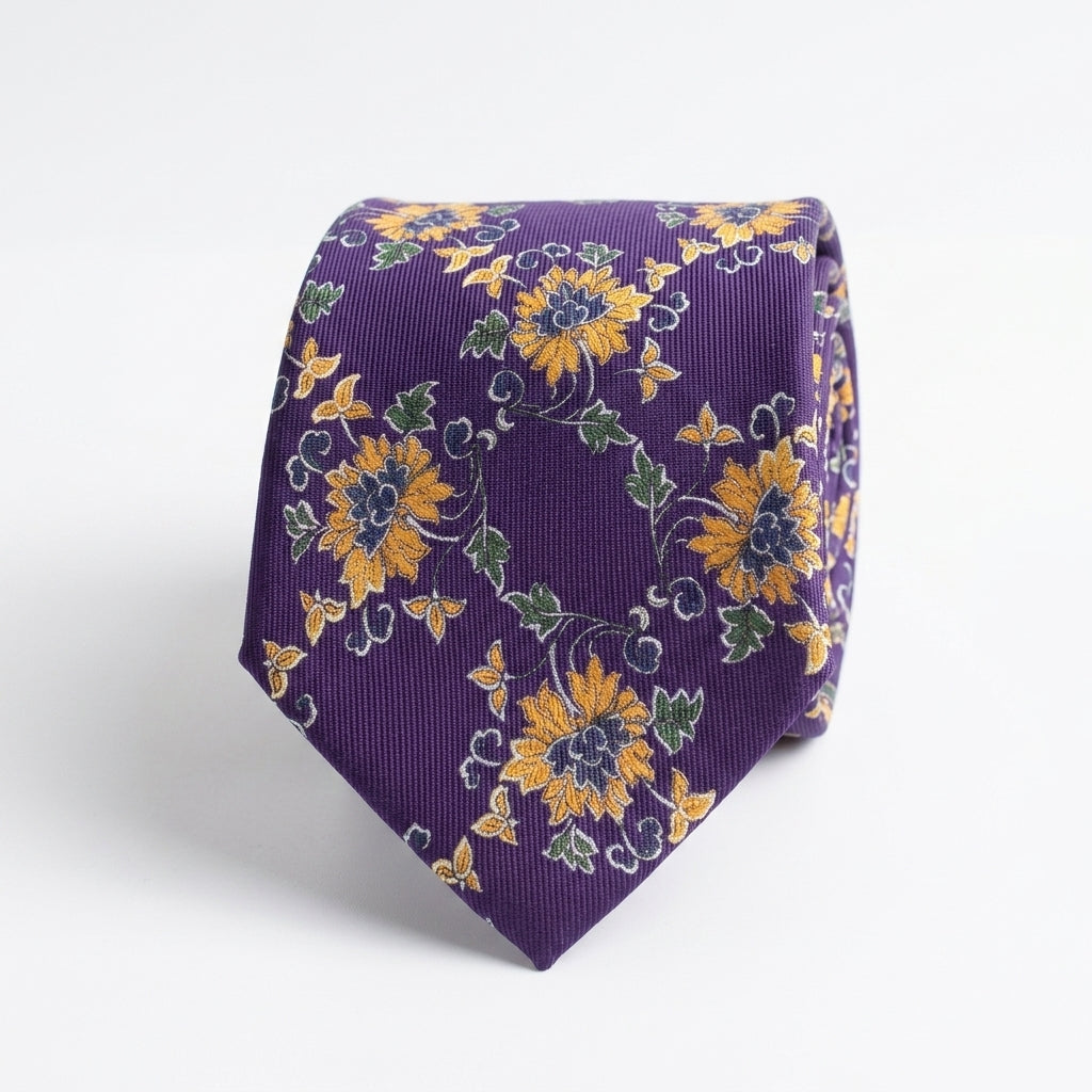 A purple silk necktie with a classic floral pattern featuring orange flowers and green leaves, displayed on a clean white background.