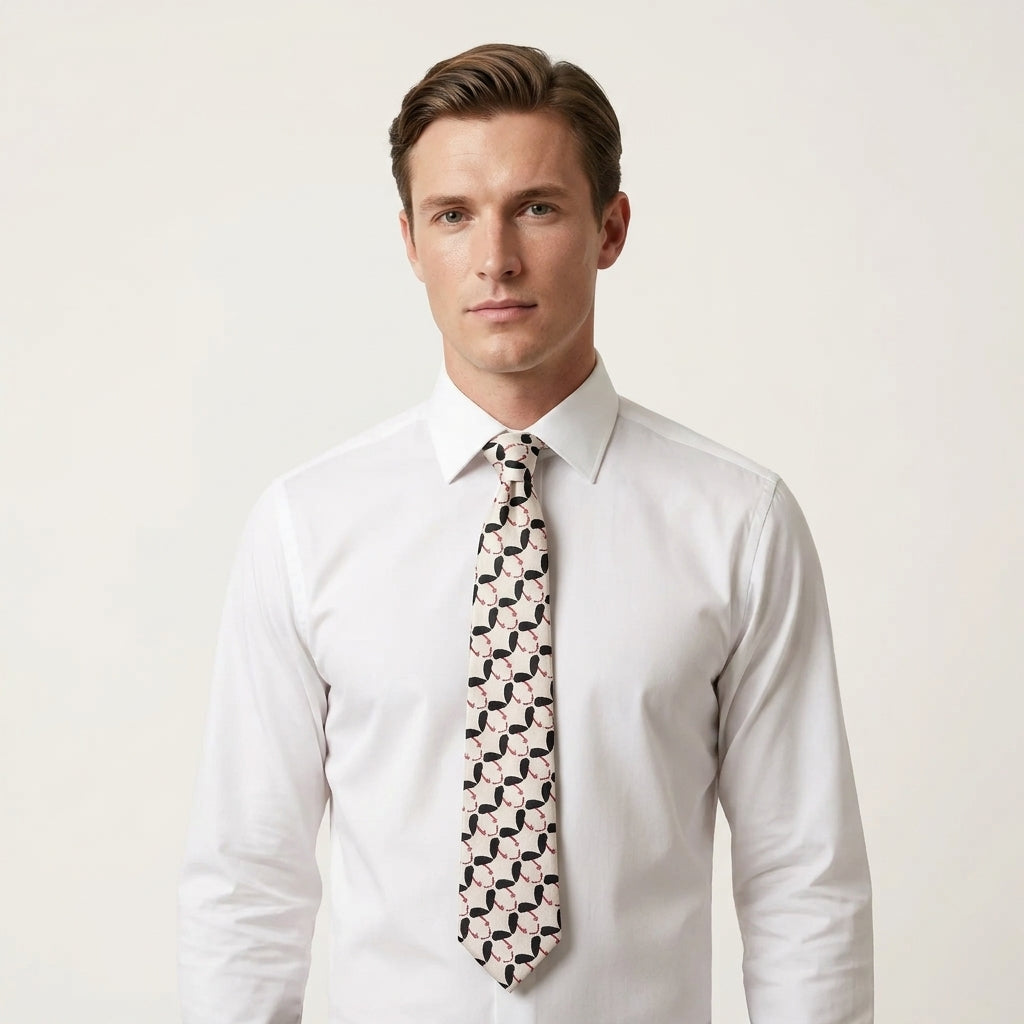 A man wearing a white long-sleeve dress shirt and a patterned necktie featuring a repeating pattern of black herons with red beaks on a dusky grey base, photographed against a plain light background.