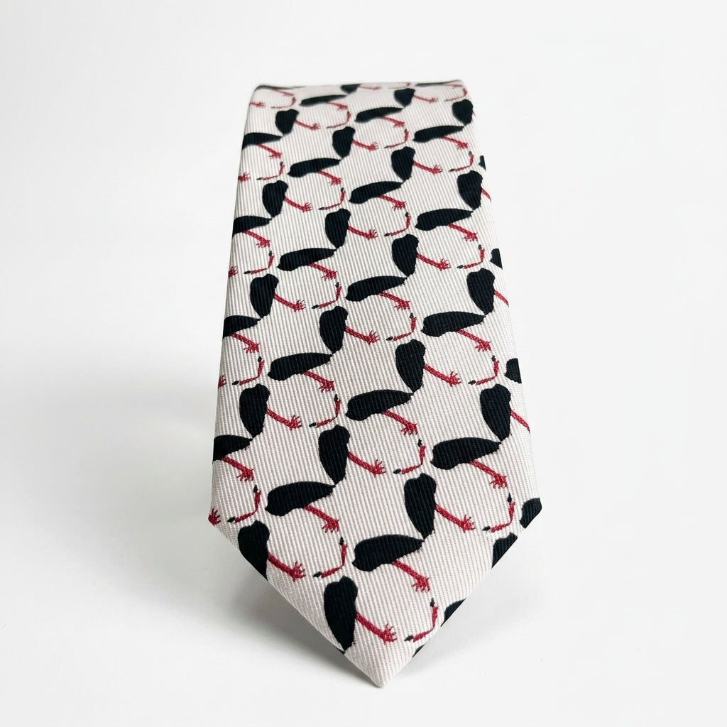 A necktie with a repeating pattern of black herons with red beaks on a dusky grey background, shown against a plain white studio background.