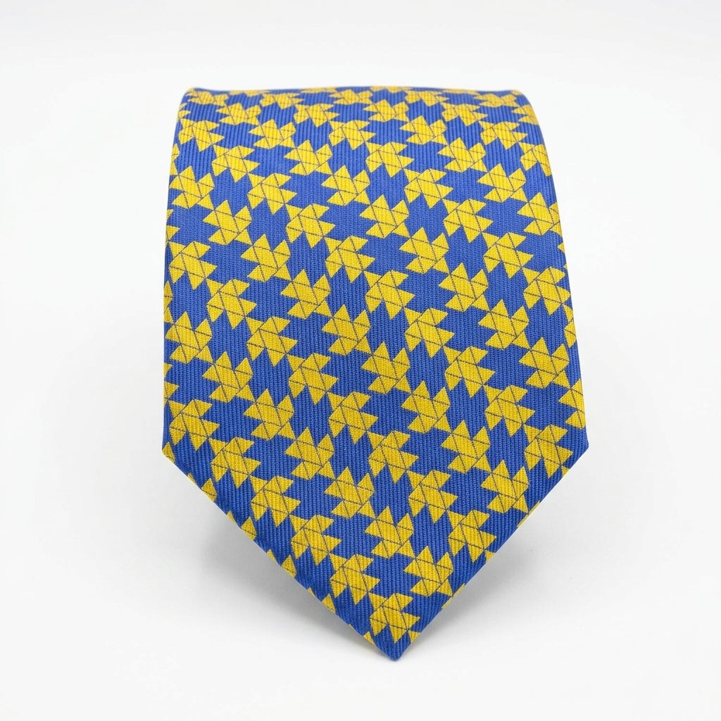 A blue necktie with a repeating yellow geometric pattern, displayed on a clean white background.