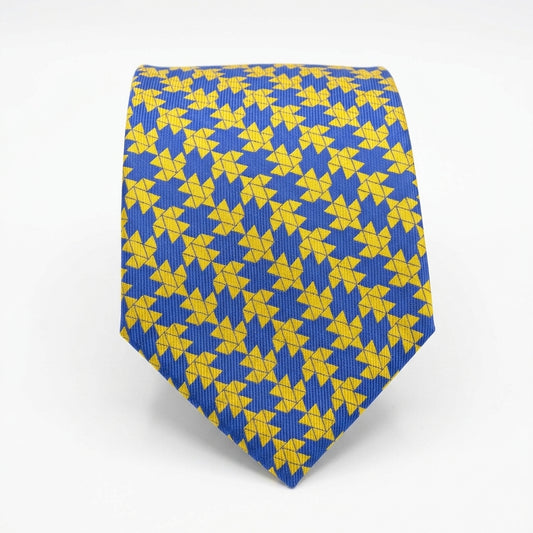 A blue necktie with a repeating yellow geometric pattern, displayed on a clean white background.