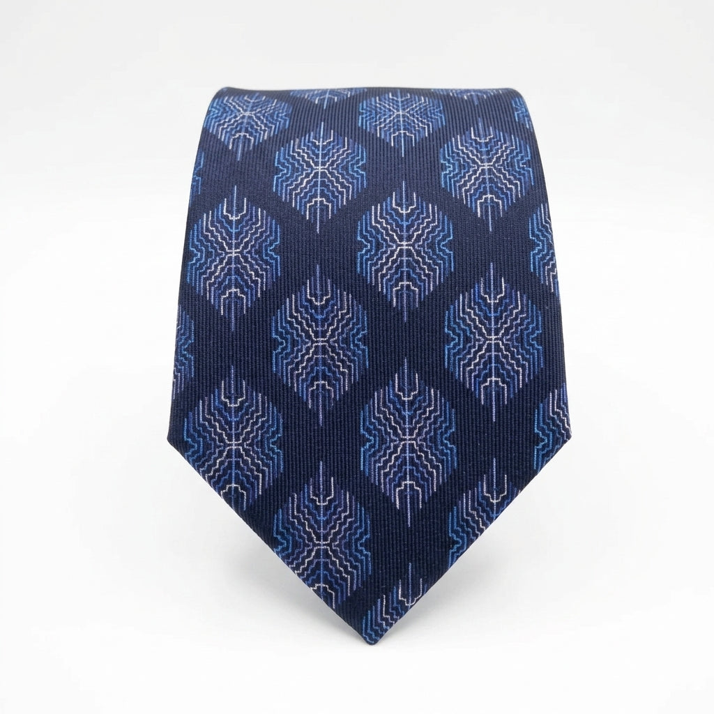 A classic necktie with a navy blue base and a repeating geometric pattern in shades of blue and white, displayed on a clean white background.