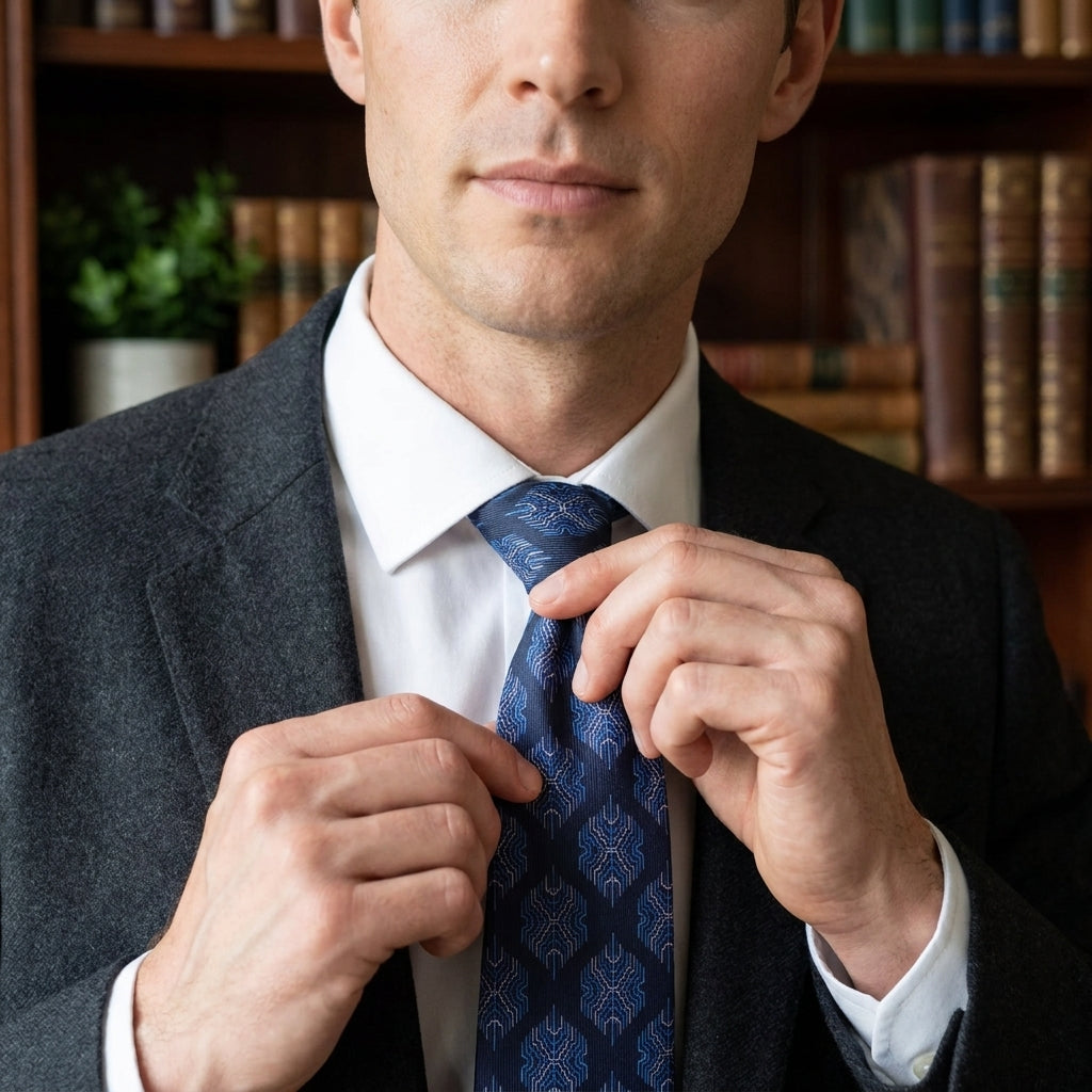 A man in a library setting wearing a dark grey suit jacket and white dress shirt adjusting a blue patterned necktie.