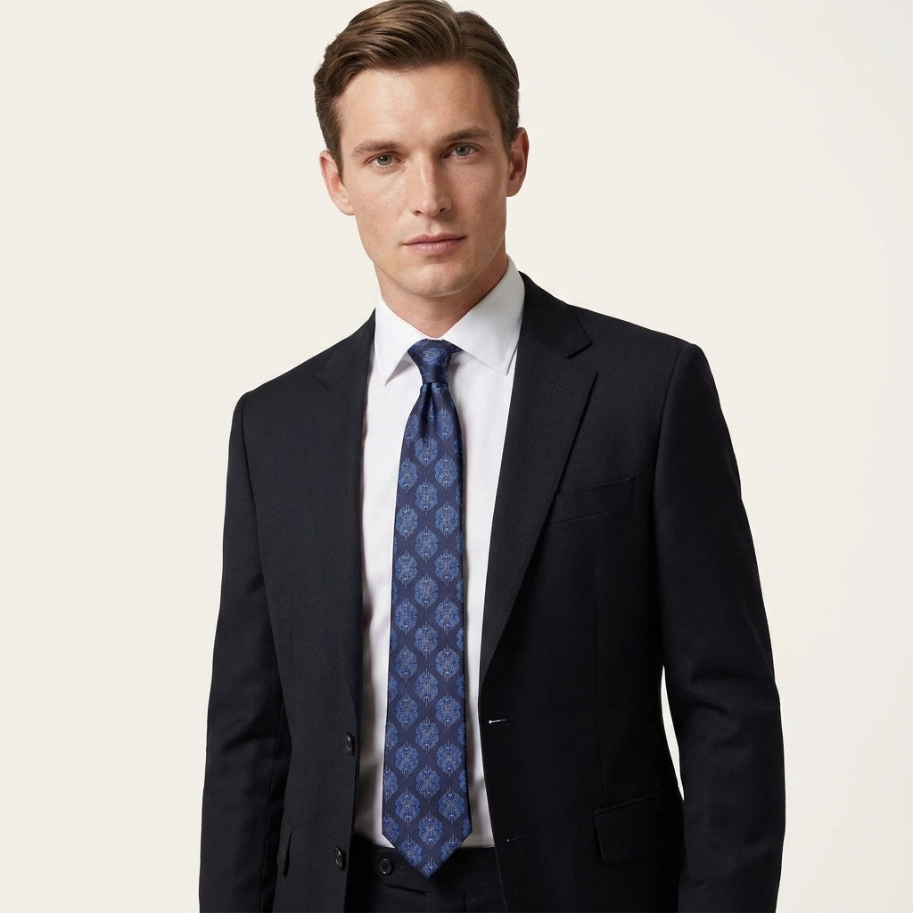 A man wearing a dark navy suit, white dress shirt, and a blue patterned necktie, photographed against a clean off-white studio background.