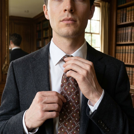 A man in a dark gray suit jacket and white dress shirt adjusts a brown conch patterned tie in a library with wooden bookshelves in the background.