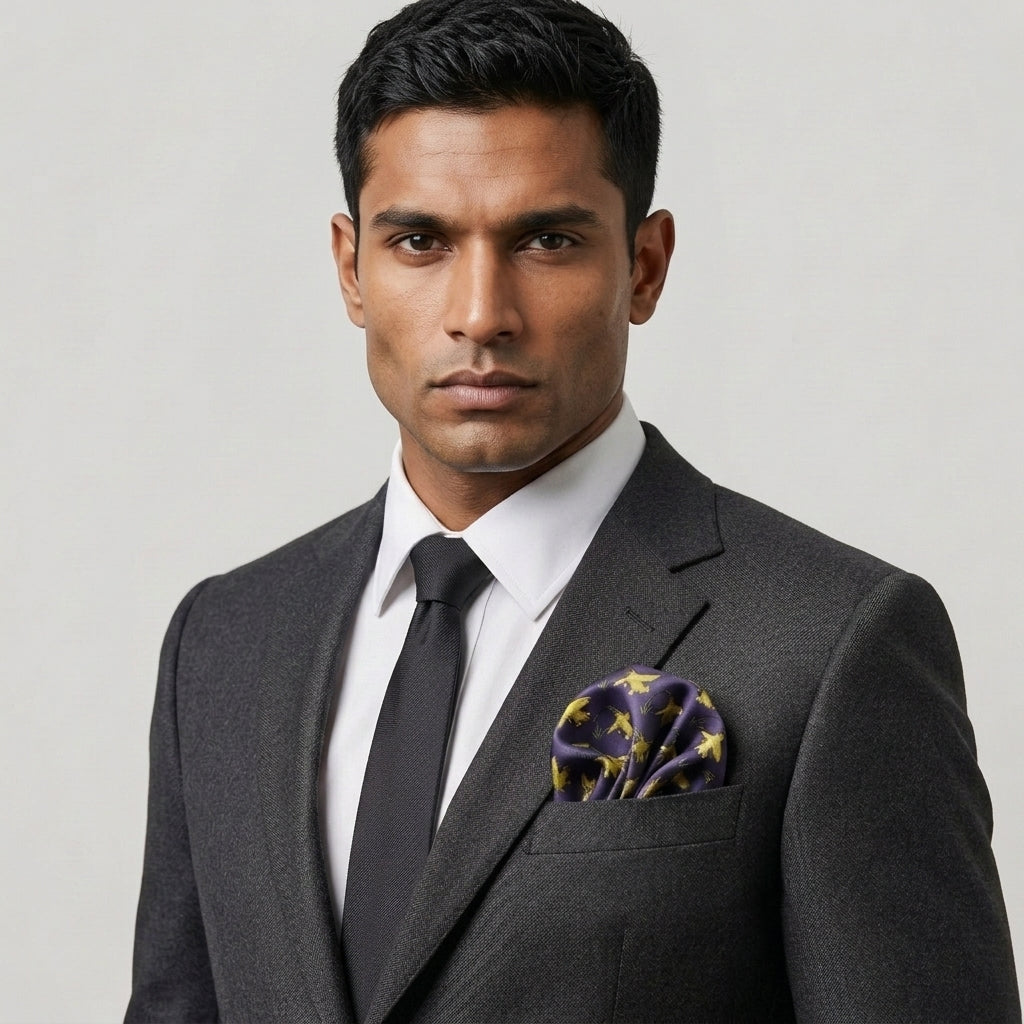 A man wearing a dark grey suit, white dress shirt, black tie, and a deep blue pocket square with repeat yellow daffodils pattern, photographed against a light grey studio background.