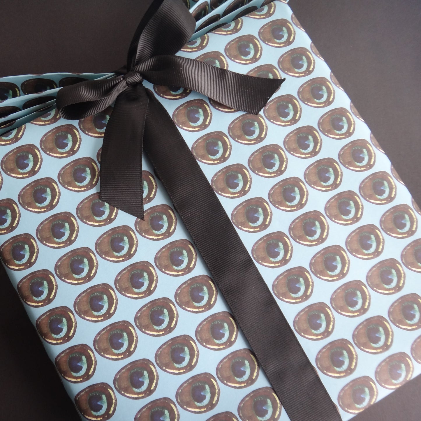 Gift wrapped in eco-friendly wrapping paper with brown peacock feather motif in repeat pattern and tied with black ribbon.