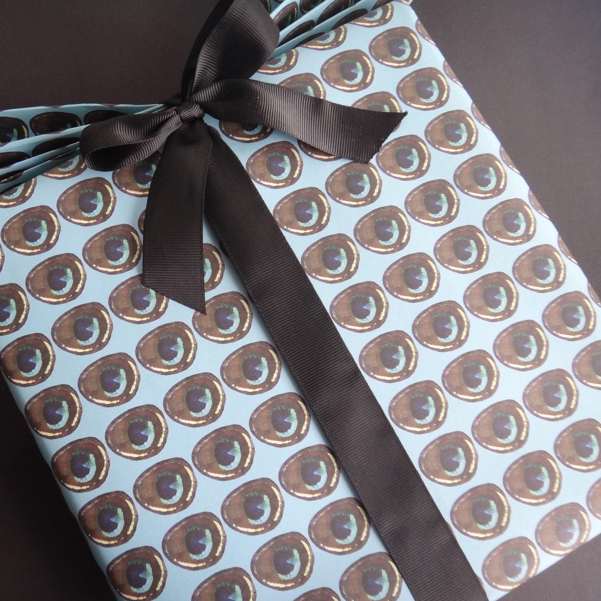 Gift wrapped in eco-friendly wrapping paper with brown peacock feather motif in repeat pattern and tied with black ribbon.