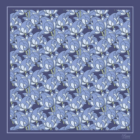 Square silk scarf with blue florals on a blue background and border with 'Rumi London' branding in a corner.