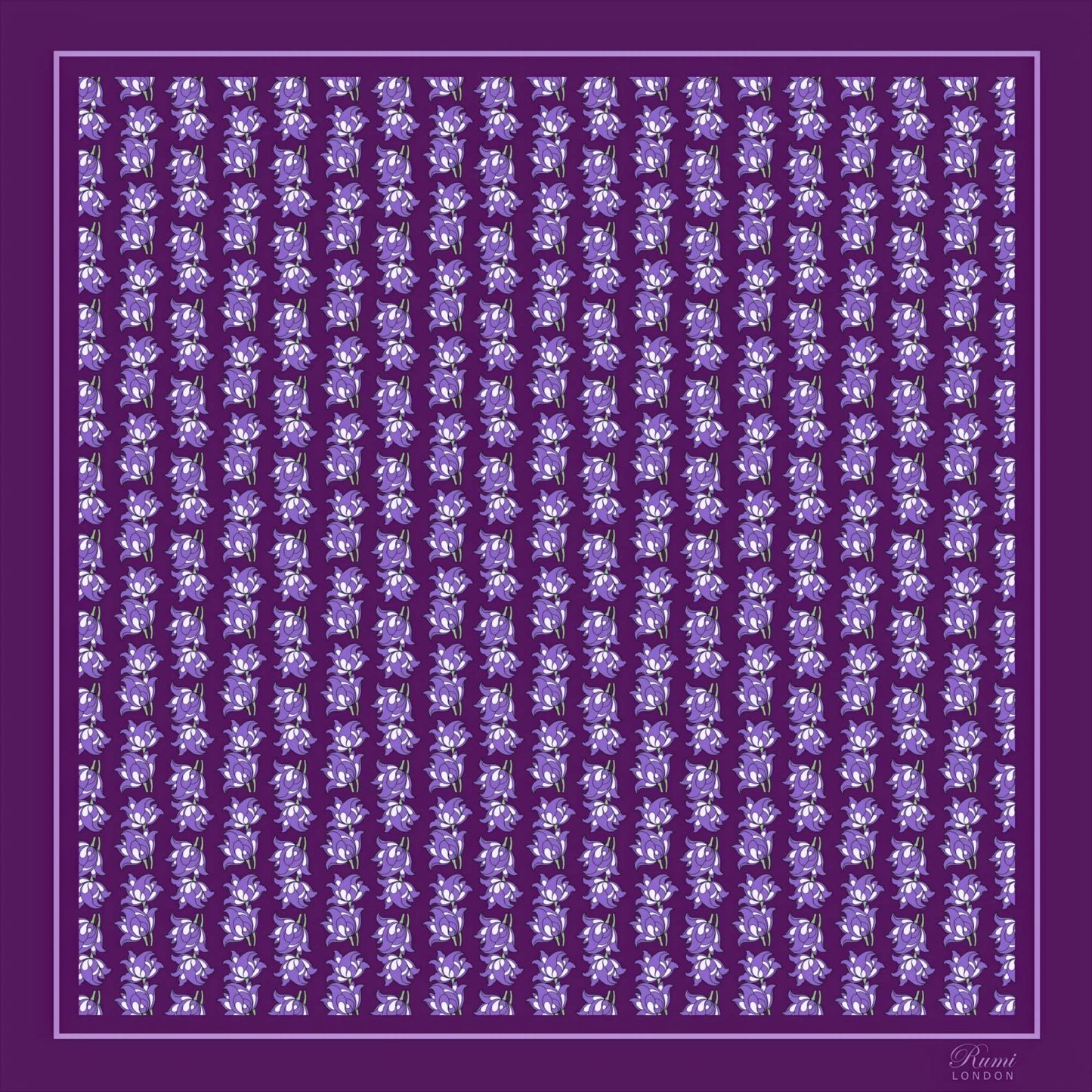 Purple silk twill scarf with small floral motifs in repeat pattern on a purple background.