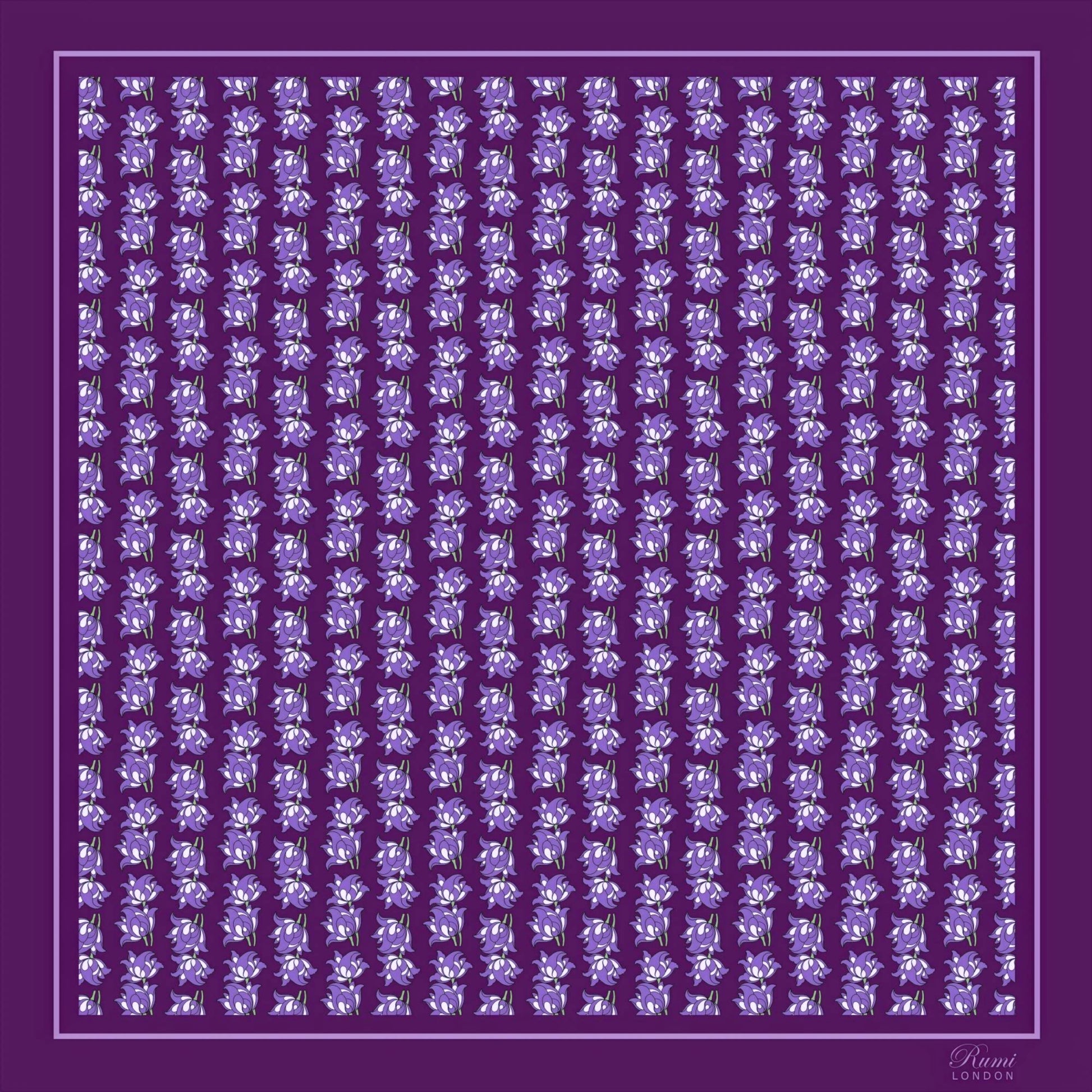 Purple silk twill scarf with small floral motifs in repeat pattern on a purple background.
