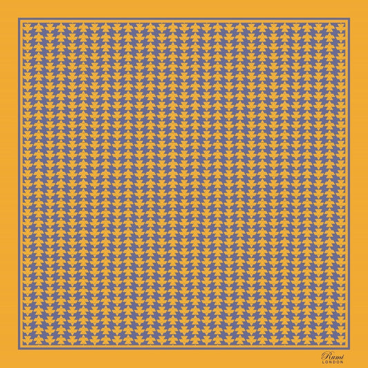 Patterned square silk scarf with blue and yellow geometric design on a yellow background, and branding 'Rumi London' in one corner.